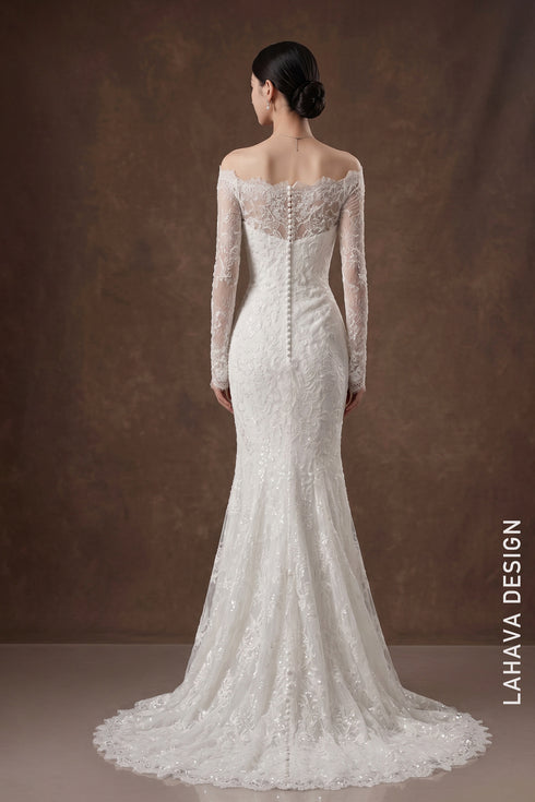 Off-The-Shoulder Lace Mermaid Wedding Dress with Long Sleeves