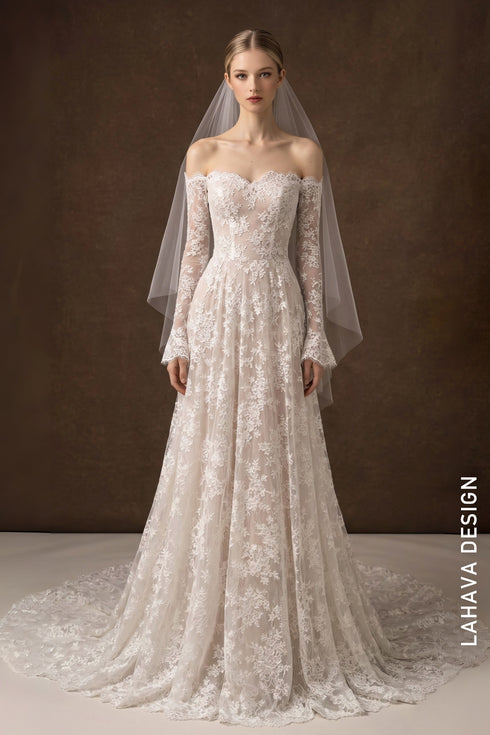 Elegant Long-Sleeved Off-the-Shoulder Lace Wedding Gown
