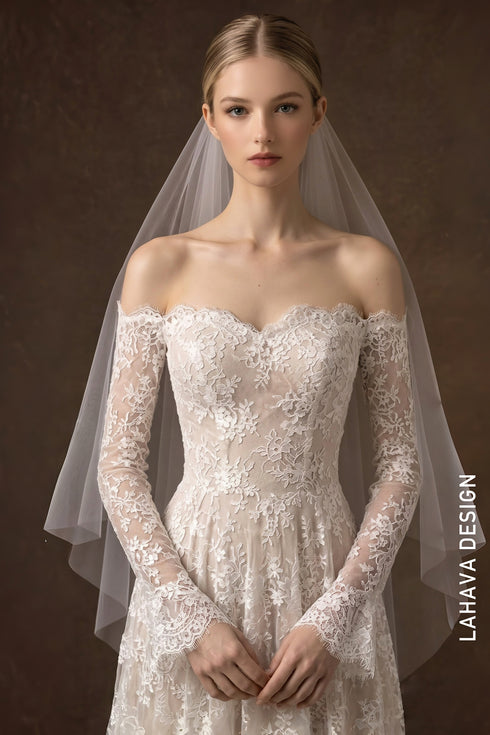 Elegant Long-Sleeved Off-the-Shoulder Lace Wedding Gown