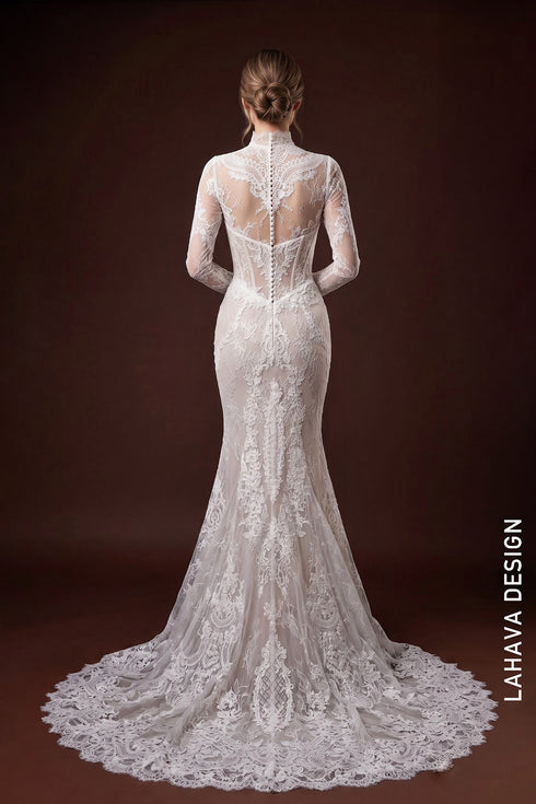 High-Neck Long-Sleeve Mermaid Lace Wedding Dress