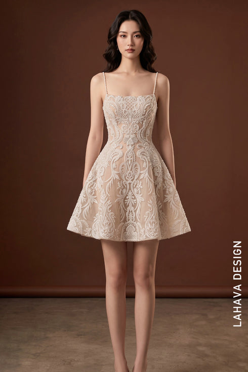 Beaded Lace Spaghetti Strap Mini Cocktail Dress