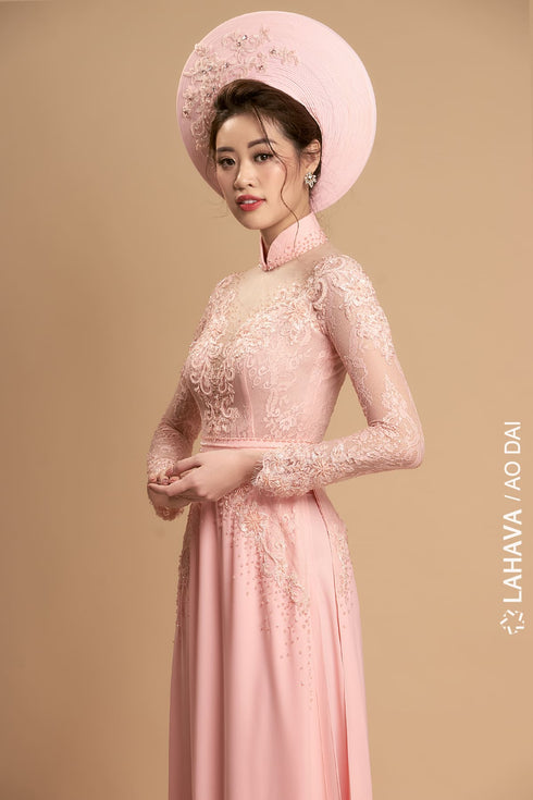 Pink embroidery lace bridal ao dai