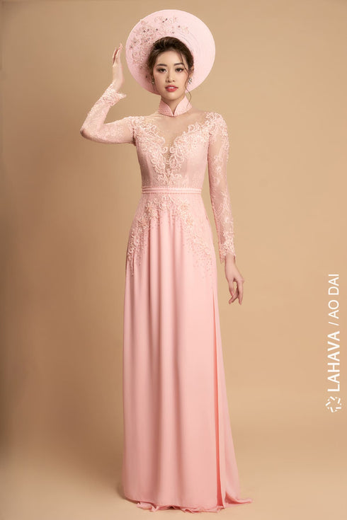 Pink embroidery lace bridal ao dai
