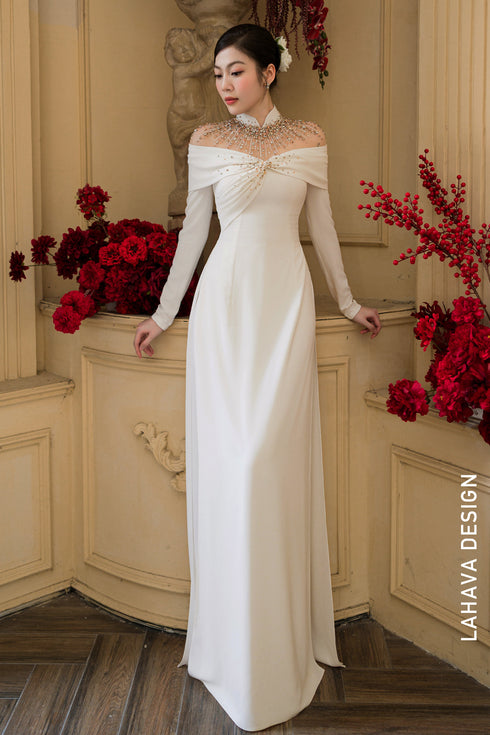 Timeless White Draped Bridal Áo Dài with Illusion Crystal Neckline