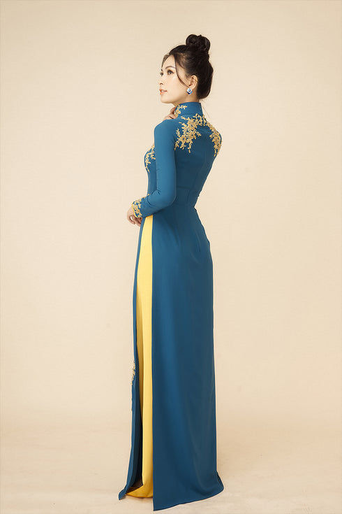 Elegant blue ao dai with gold beading