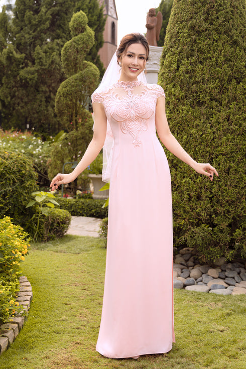 Lovely pink short sleeves bridal ao dai