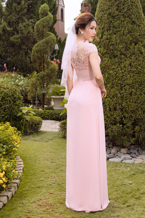 Lovely pink short sleeves bridal ao dai
