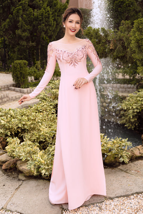 Pink scoop neck modern party ao dai