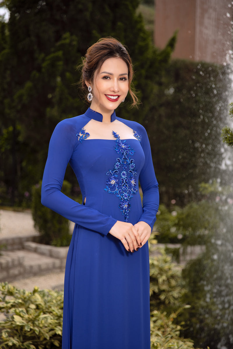 ao dai dress DreamDress By PMN Amaya Vietnamese Ao Dai Inspired Wedding Dress Gown Red Phoenix Accents Embellishment Chiffon Pants