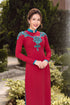 Red modern ao dai with blue lace