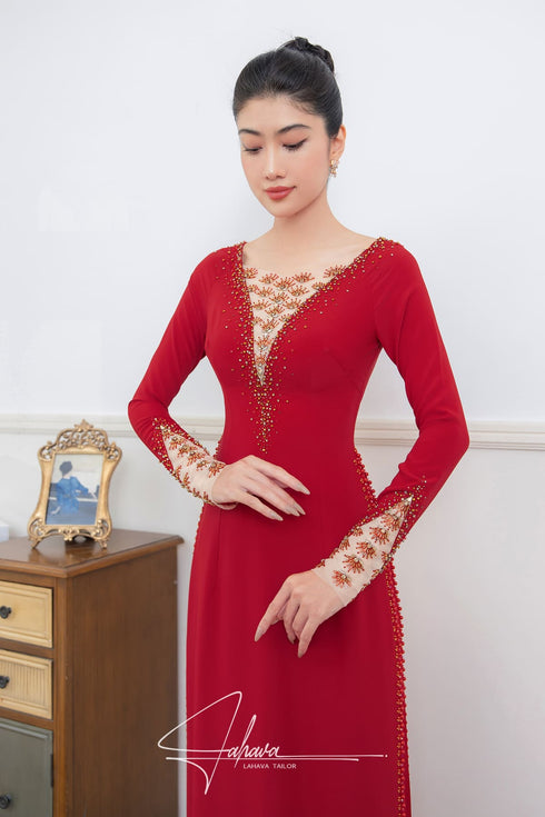 Red beaded modern ao dai