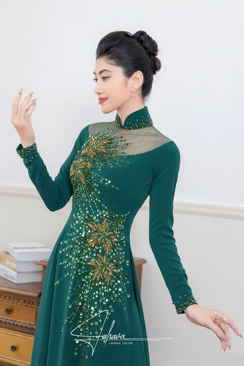 Modern leaves pattern beaded ao dai