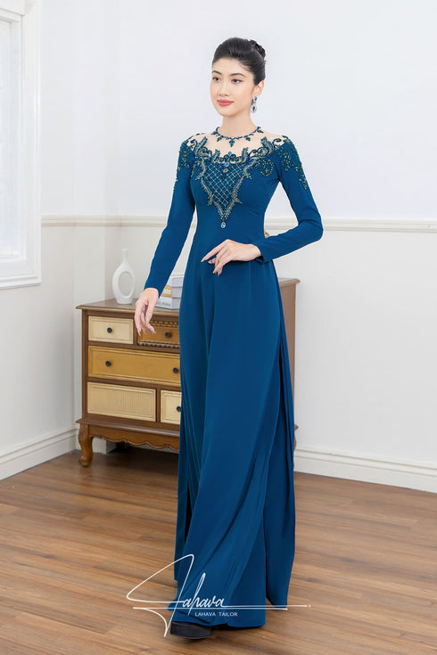 Round neck beaded party ao dai