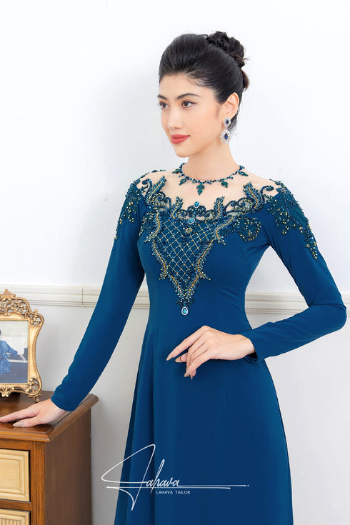 Round neck beaded party ao dai