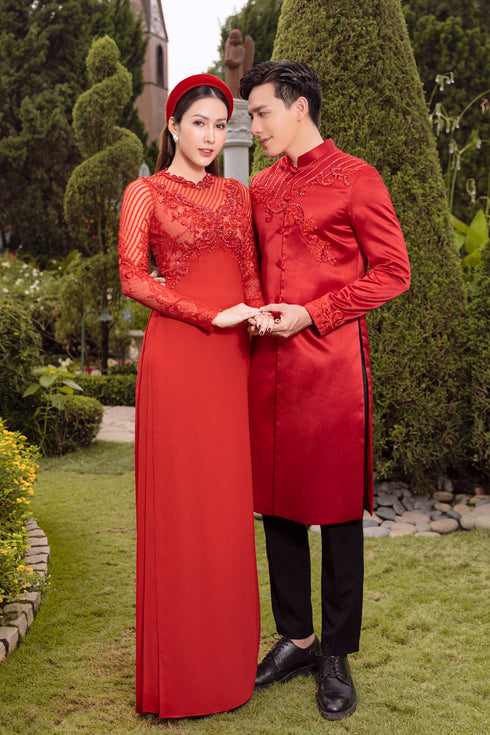 Red modern ao dai beaded - sale