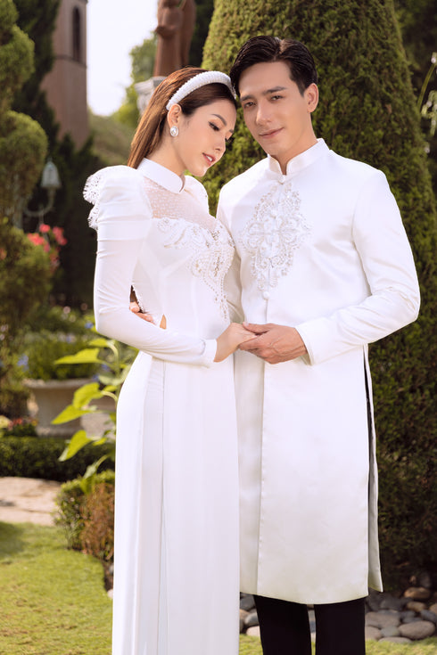 Modern ao dai with embroidery lace design - sale