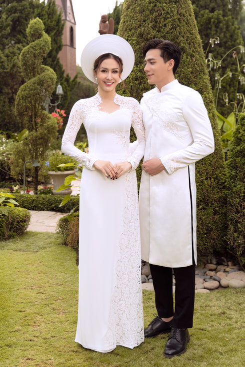 White couple ao dai with lace