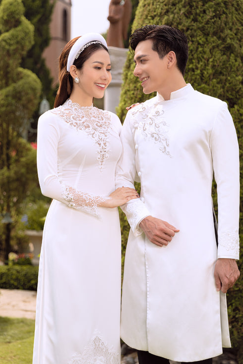 Impressive lace couple wedding ao dai