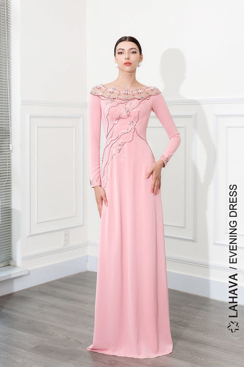 A-line scoop neck floor length beading gown