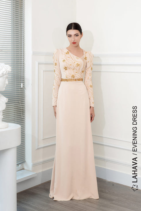 Asymmetric neckline long sleeves beaded gown