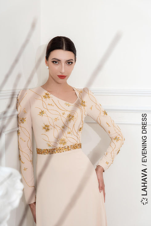 Asymmetric neckline long sleeves beaded gown