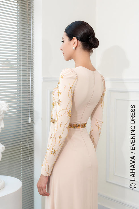 Asymmetric neckline long sleeves beaded gown