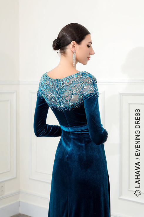Velvet long sleeves beaded gown