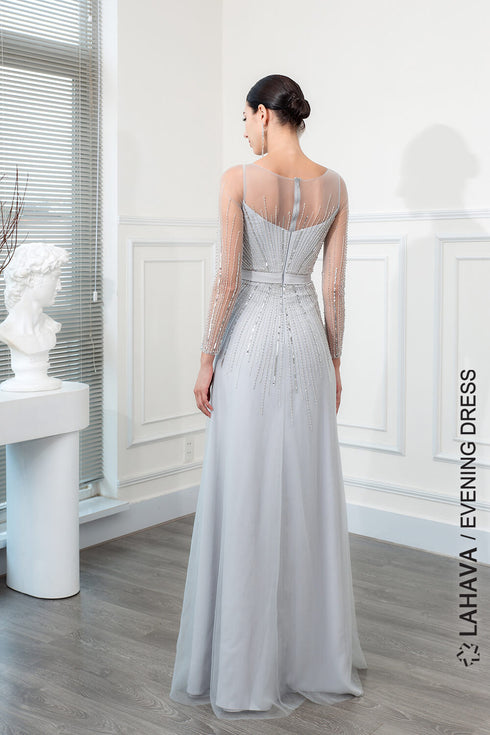 Gray illusion beading evening gown