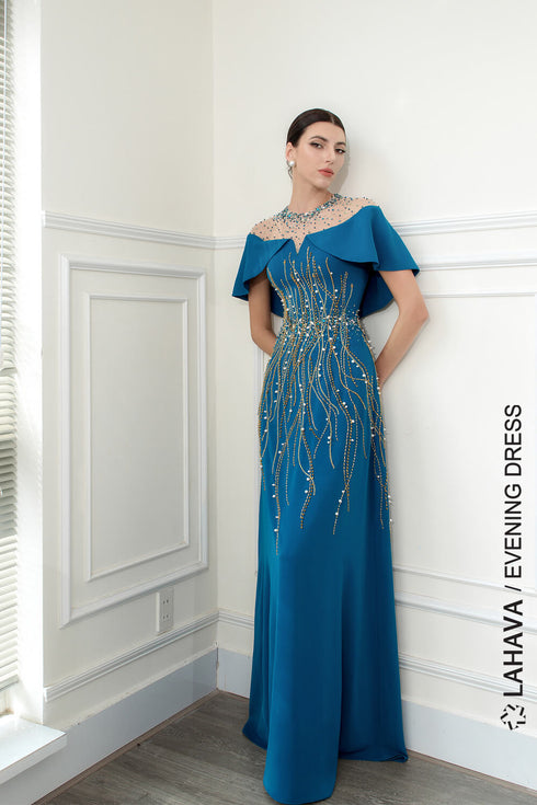 A-line round neck beaded evening gown