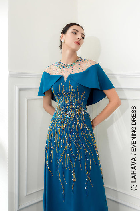 A-line round neck beaded evening gown
