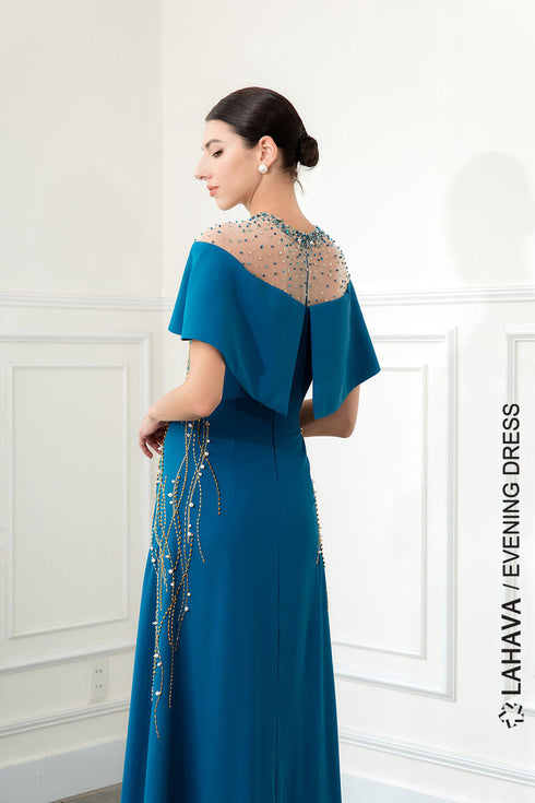 A-line round neck beaded evening gown
