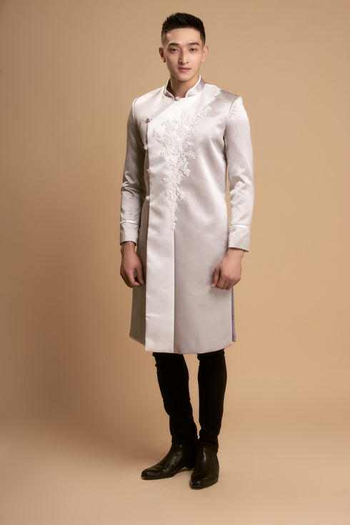Gray and white modern ao dai with laces