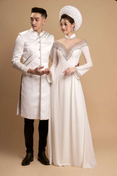 White modern men's ao dai beaded