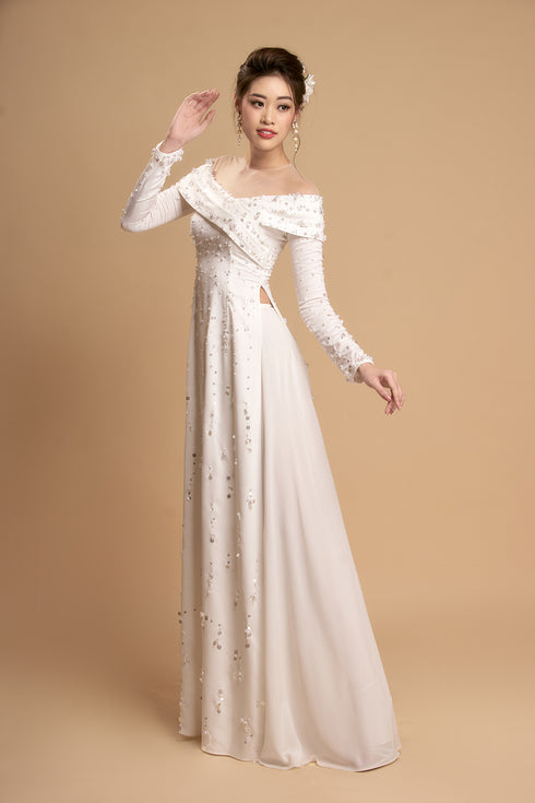 White modern ao dai with beading