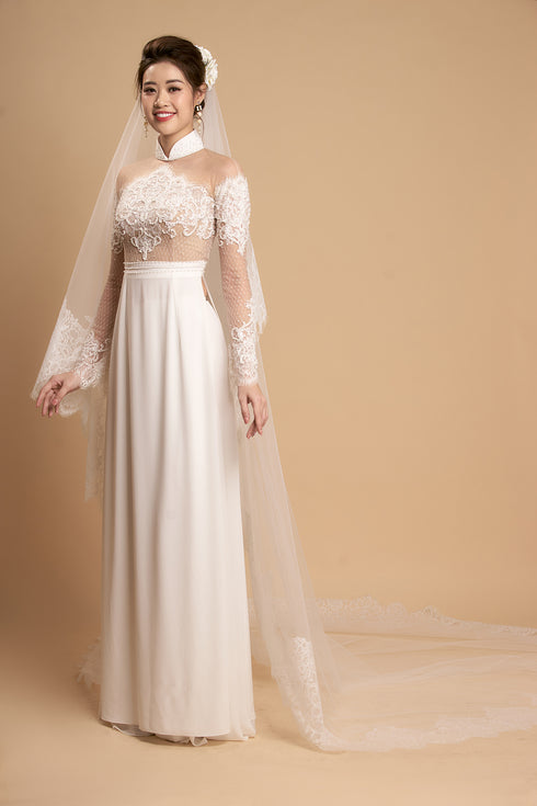 White modern couple wedding ao dai