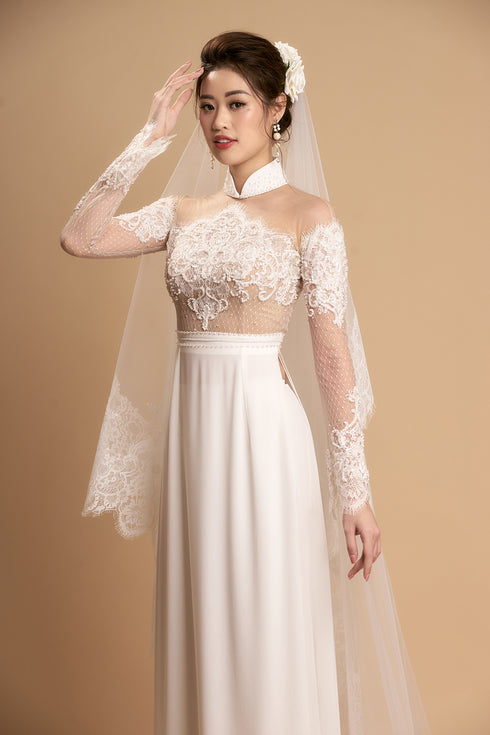 White modern couple wedding ao dai