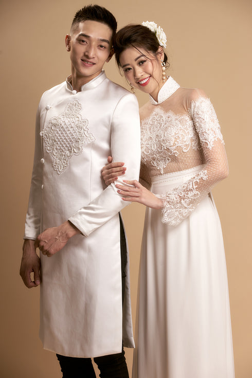 White modern couple wedding ao dai