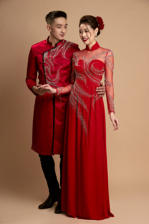 Impressive red modern ao dai beaded