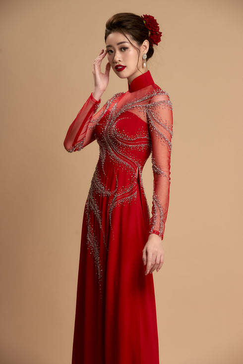 Red couple ao dai with white delicate beaded
