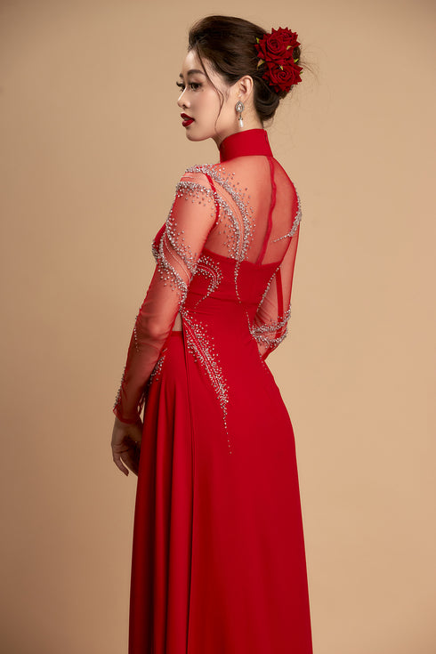 Impressive red modern ao dai beaded