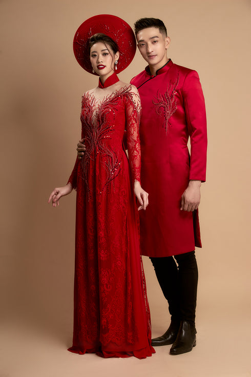 Red elegant ao dai with patterns beaded
