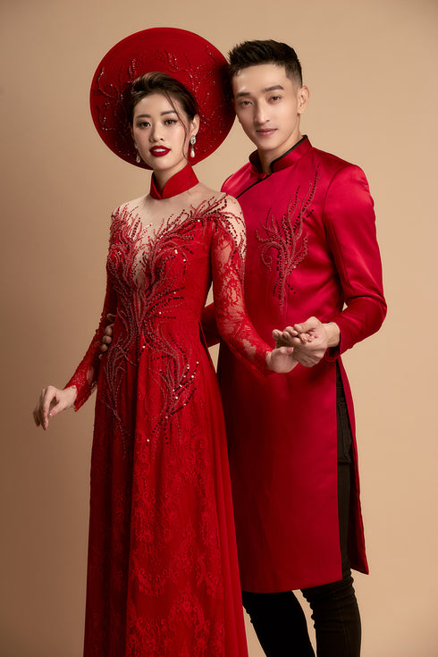 Red elegant ao dai with patterns beaded