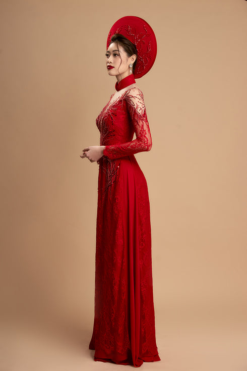 Red couple wedding ao dai with beading