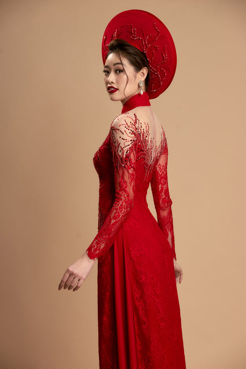 Red couple wedding ao dai with beading