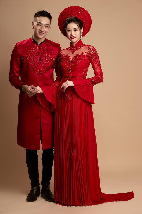 Red modern pleated wedding ao dai