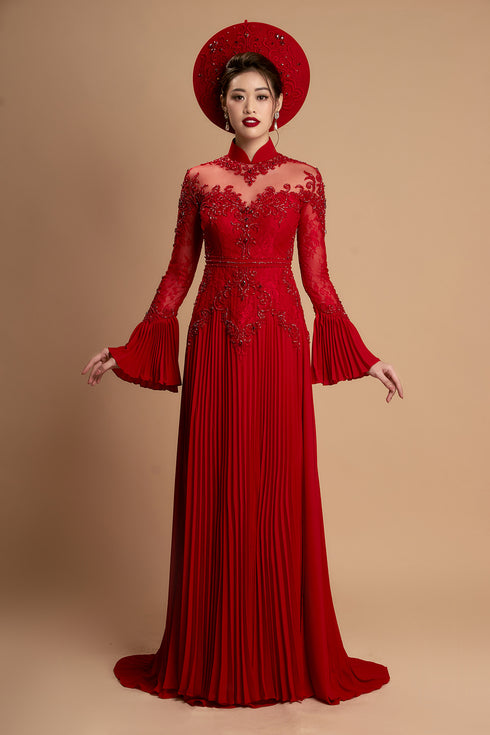 Red modern pleated wedding ao dai