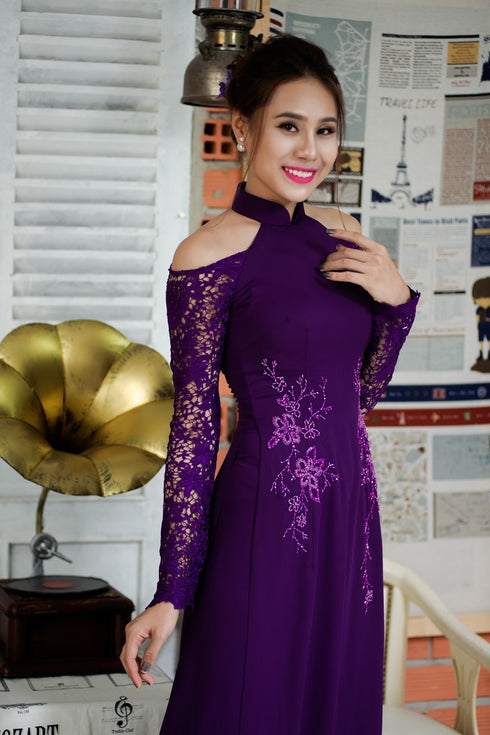 Dark purple modern party ao dai