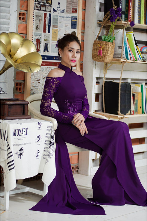 Dark purple modern party ao dai