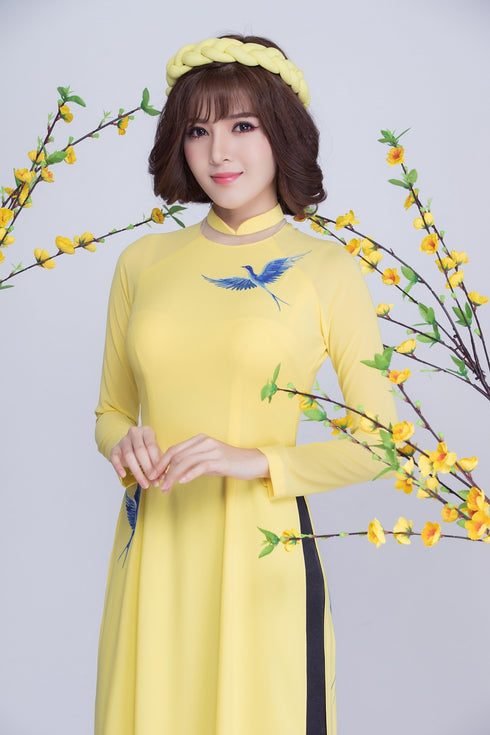 Yellow modern party ao dai