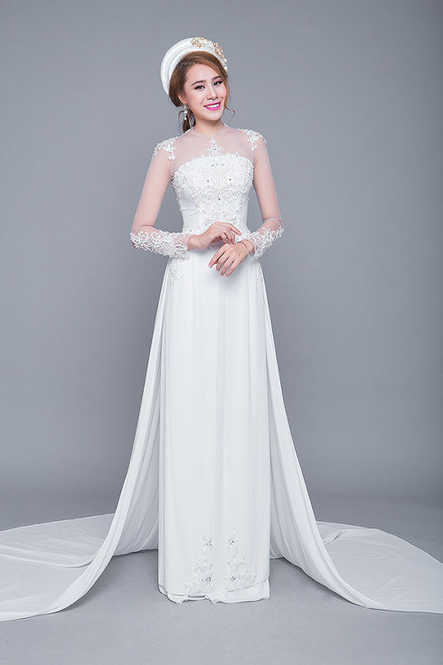 Round neck modern wedding ao dai